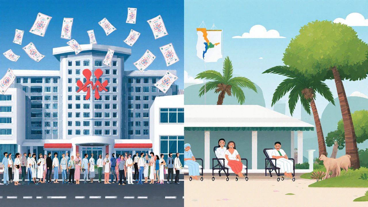 Contrasting hospitals: one crowded and costly in the U.S., another peaceful abroad