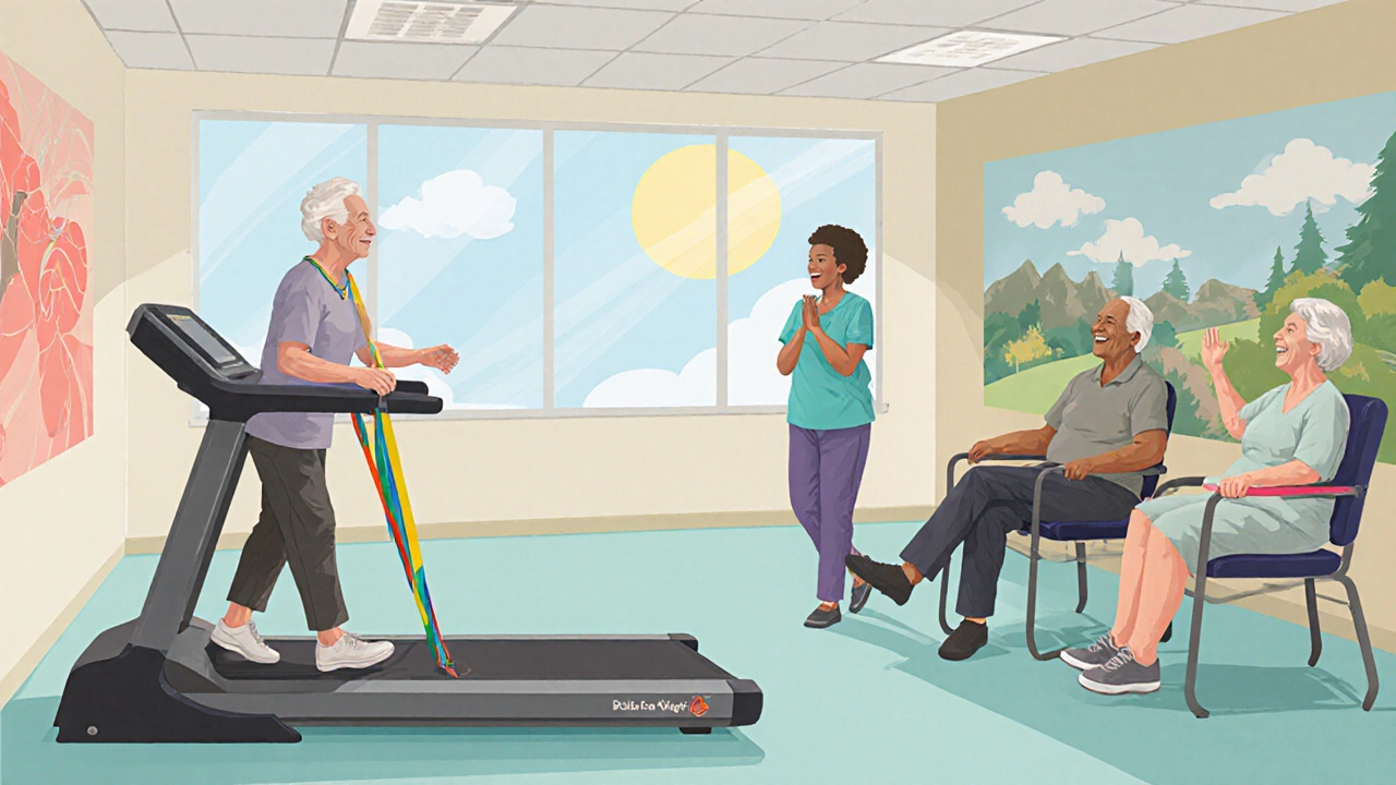 Elderly patients exercising in a cardiac rehab center with a therapist, smiling and supported.