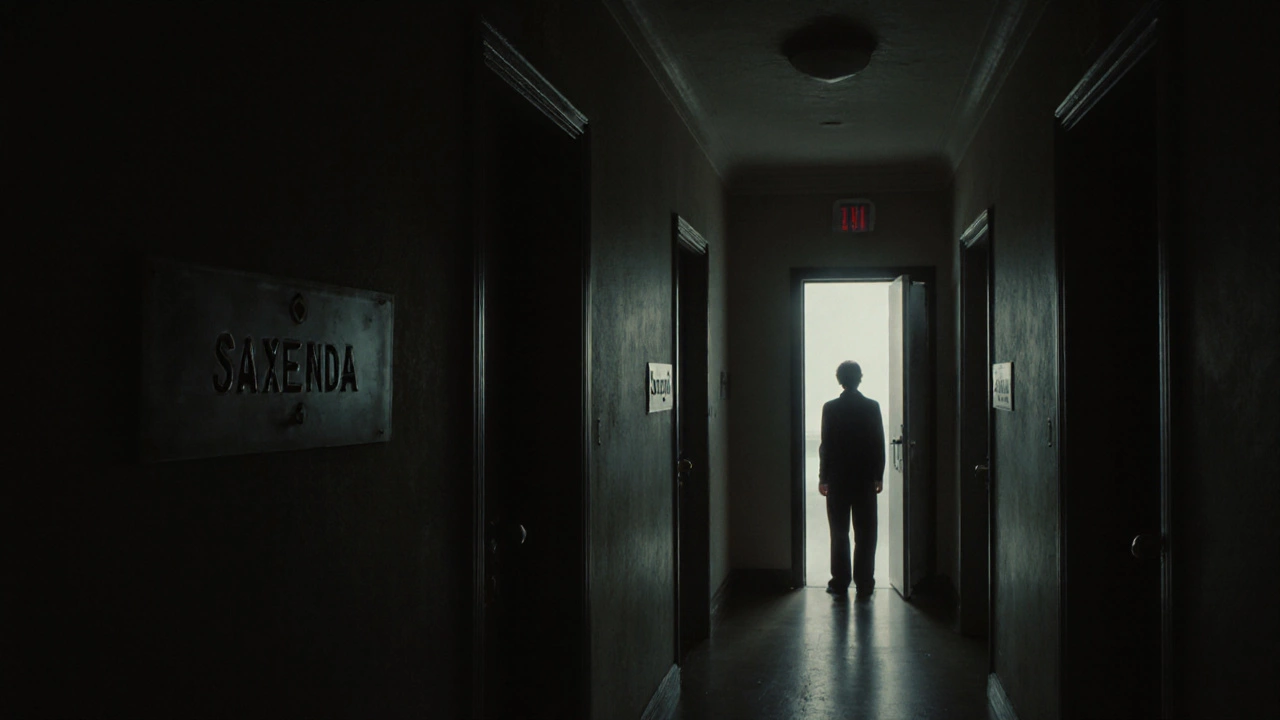 Person facing locked doors labeled with weight loss medications, Wegovy glowing but inaccessible.