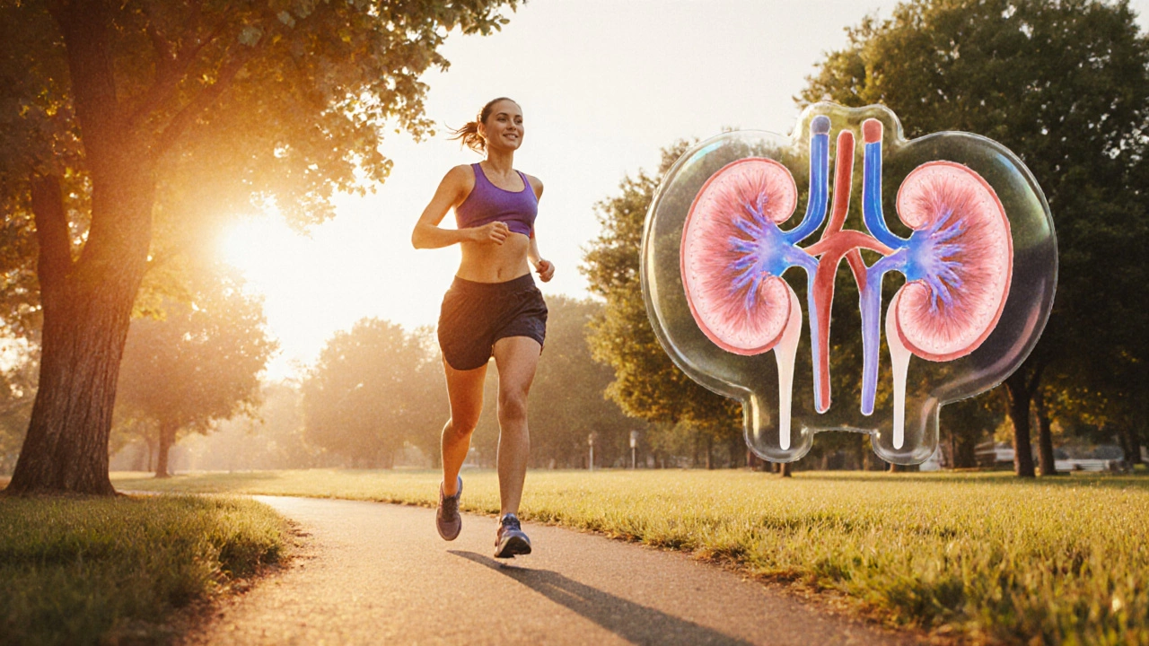 Person walking at sunset with abstract molecular structures symbolizing diabetes medications nearby.