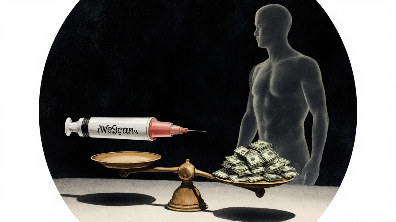 Scale balancing a Wegovy pen against a stack of Australian dollars.