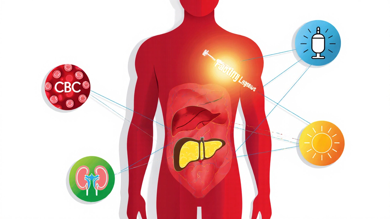 Simplified diagram of five key blood tests glowing on a human torso