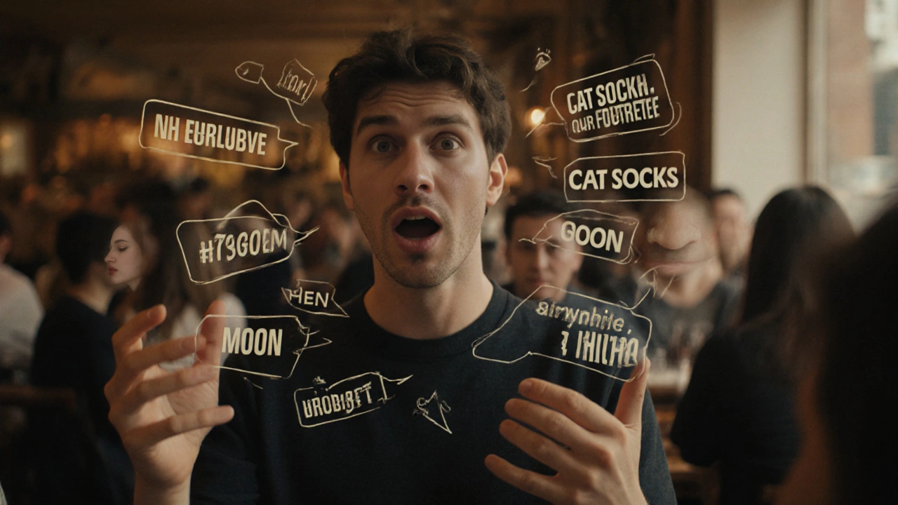 Someone speaking strangely in a café while others react with confusion, illustrating disorganized speech.