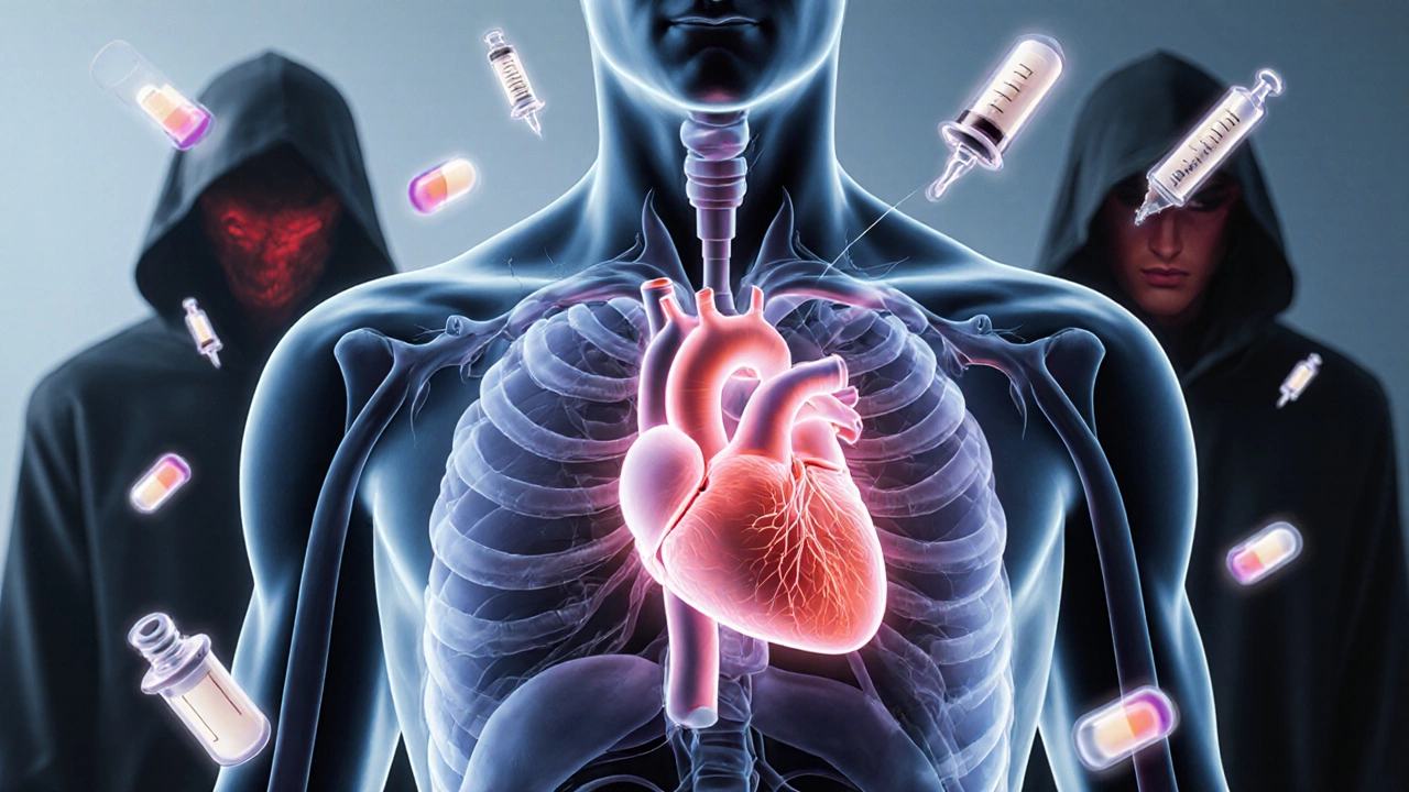 Translucent heart with floating medical symbols and shadowy threats of rejection and infection, rendered in surreal artistic style.