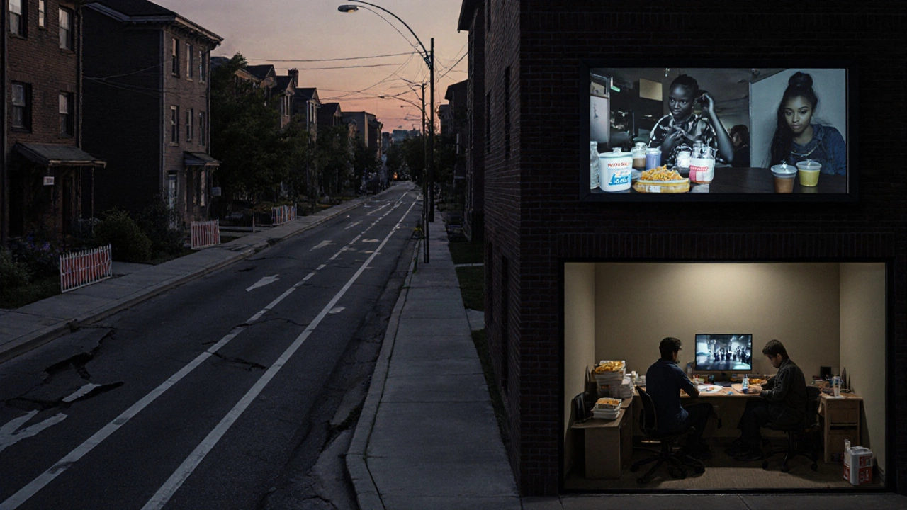 Urban American neighborhood with no walkable paths and people indoors surrounded by unhealthy habits