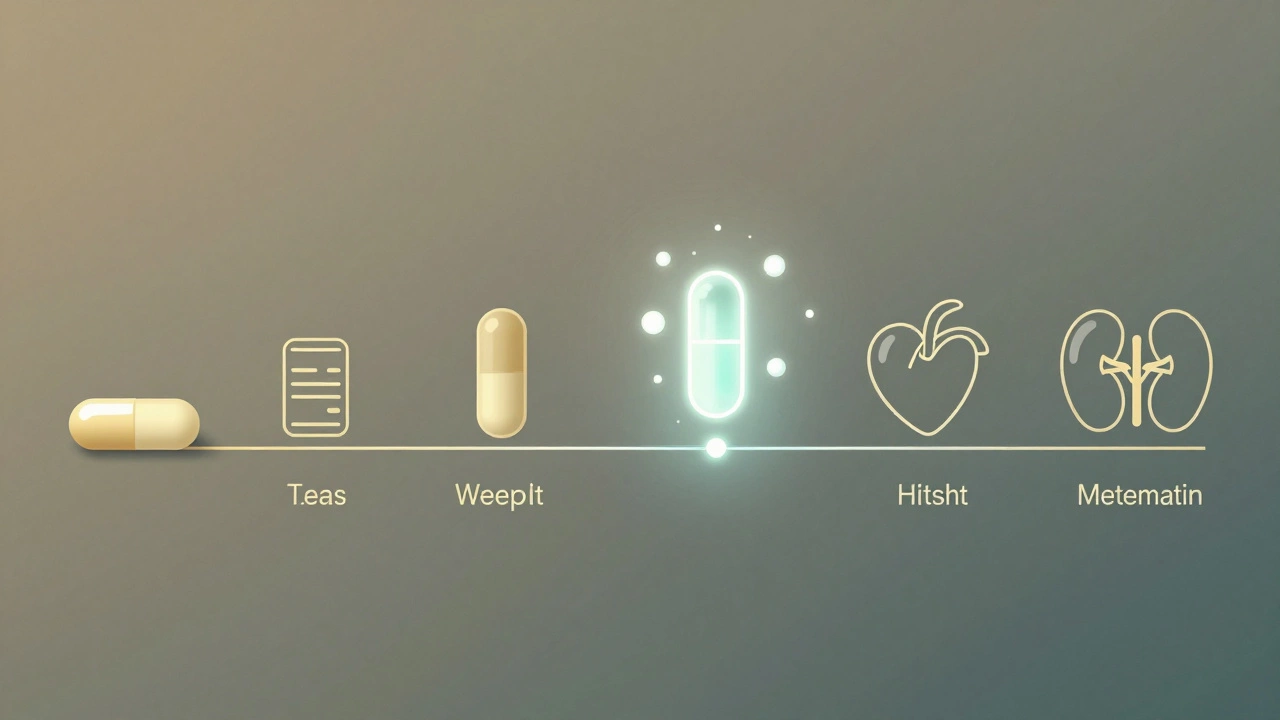 A timeline showing the evolution of diabetes medications from metformin to advanced injectables with icons representing heart, kidney, and weight benefits.