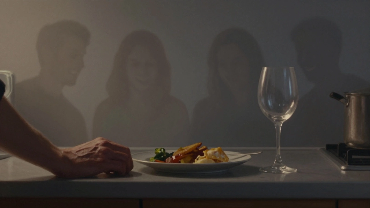 An untouched meal and wine glass on a counter, with faint ghostly images of past joy fading in the background.