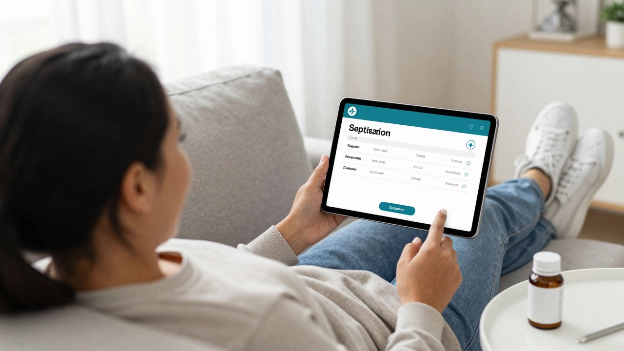 Doctor consulting patient via video call for a prescription, with medication ready on the table.