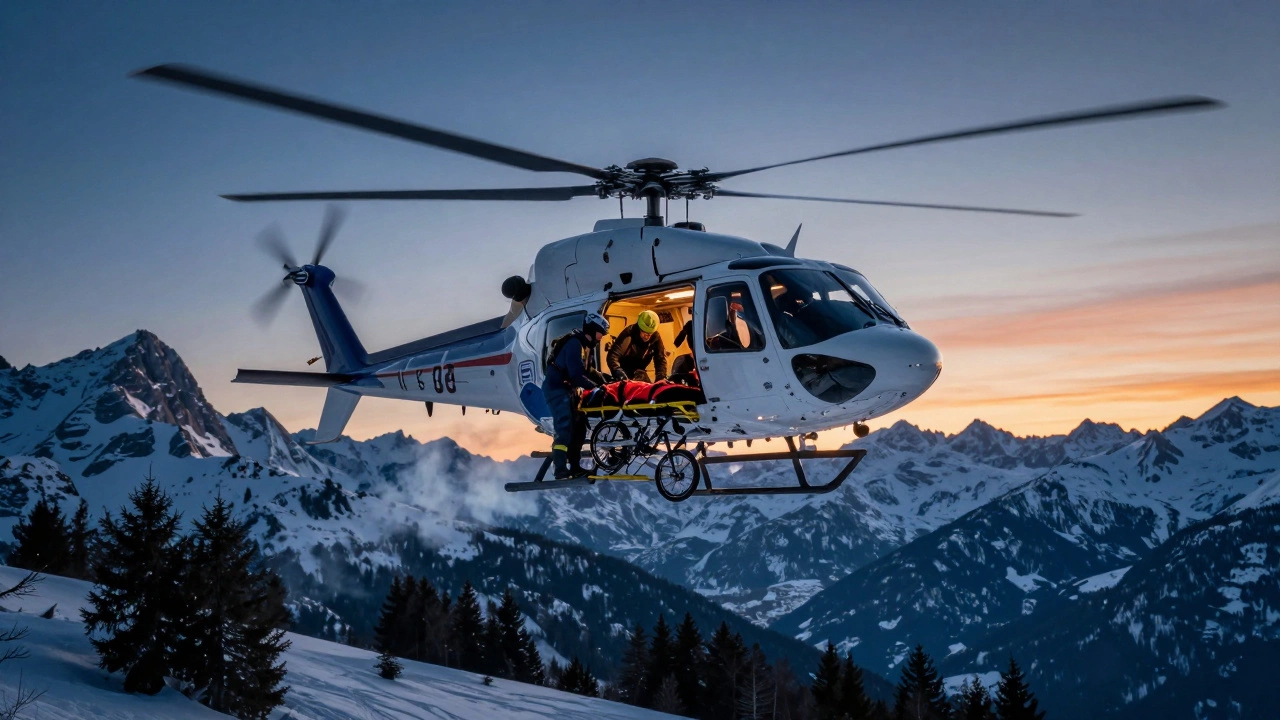 Helicopter rescue in the Alps transporting an injured cyclist to hospital.