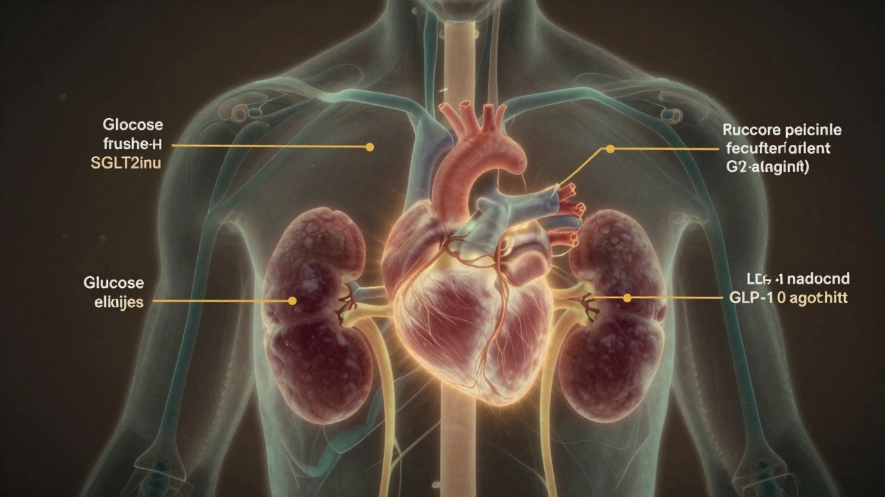 Human torso with glowing pathways showing how GLP-1 and SGLT2 drugs protect heart and kidneys.