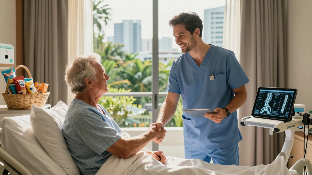 Orthopedic surgeon in Bangkok shaking hands with an international patient in a luxurious hospital suite overlooking a tropical garden.