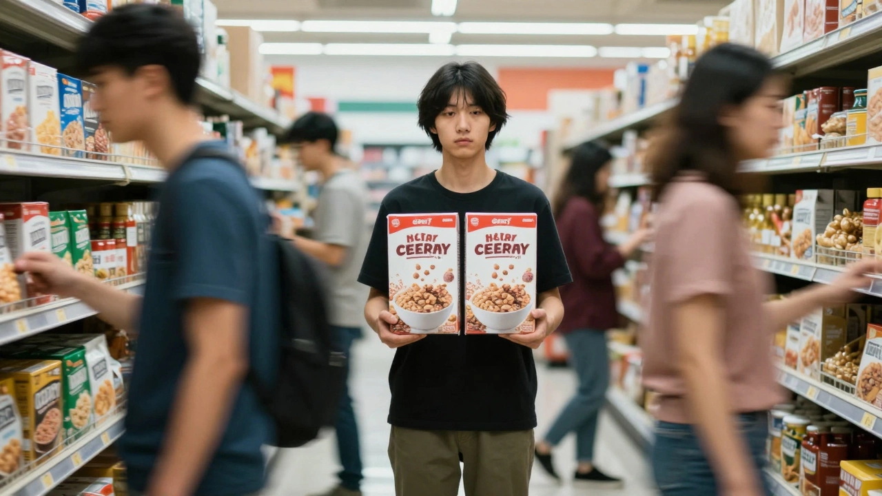 Someone standing frozen in a grocery store aisle, overwhelmed and unable to choose between two cereal boxes.