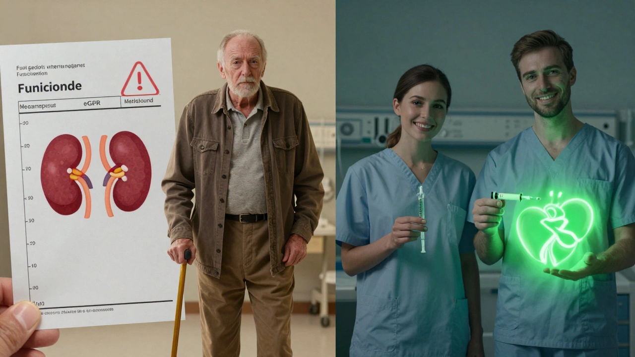 Split image: an elderly man with poor kidney function beside a warning over metformin, versus a younger patient using a newer diabetes injection with health icons glowing.