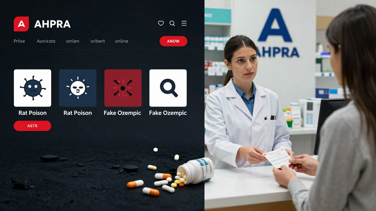 Split image: dangerous fake meds on left, safe pharmacy service on right with pharmacist.