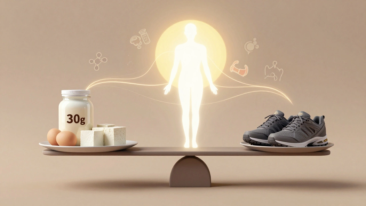 Symbolic scale with protein food and shoes balancing over a rising sun.