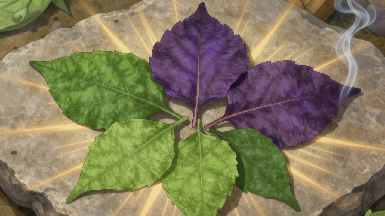 Three types of tulsi leaves arranged in a circle, detailed and glowing with natural light.