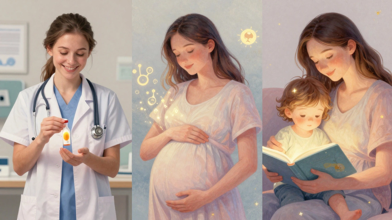Three women symbolizing egg donor, birth mother, and parenting mother in connected moments of care.