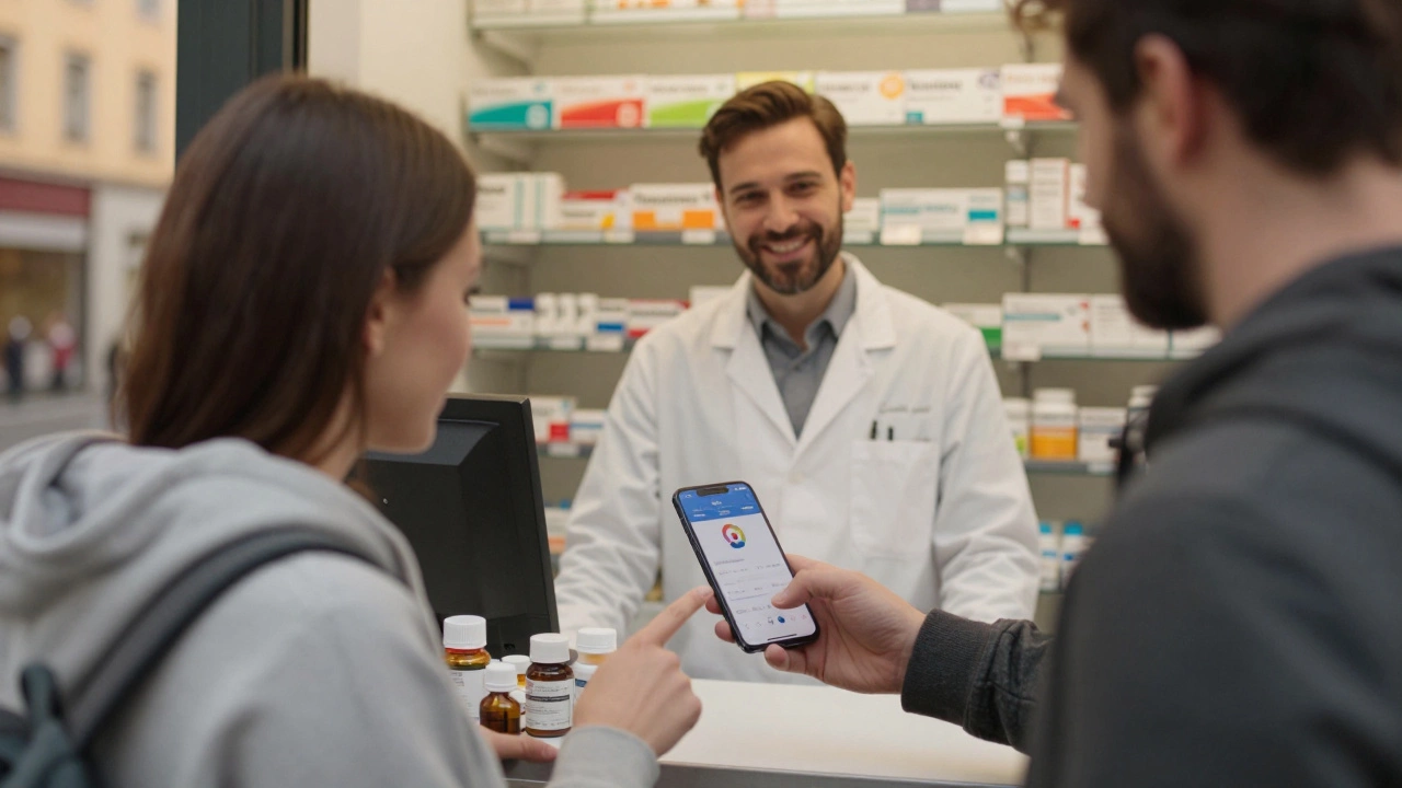 Tourist using translation app at a pharmacy with a helpful pharmacist.
