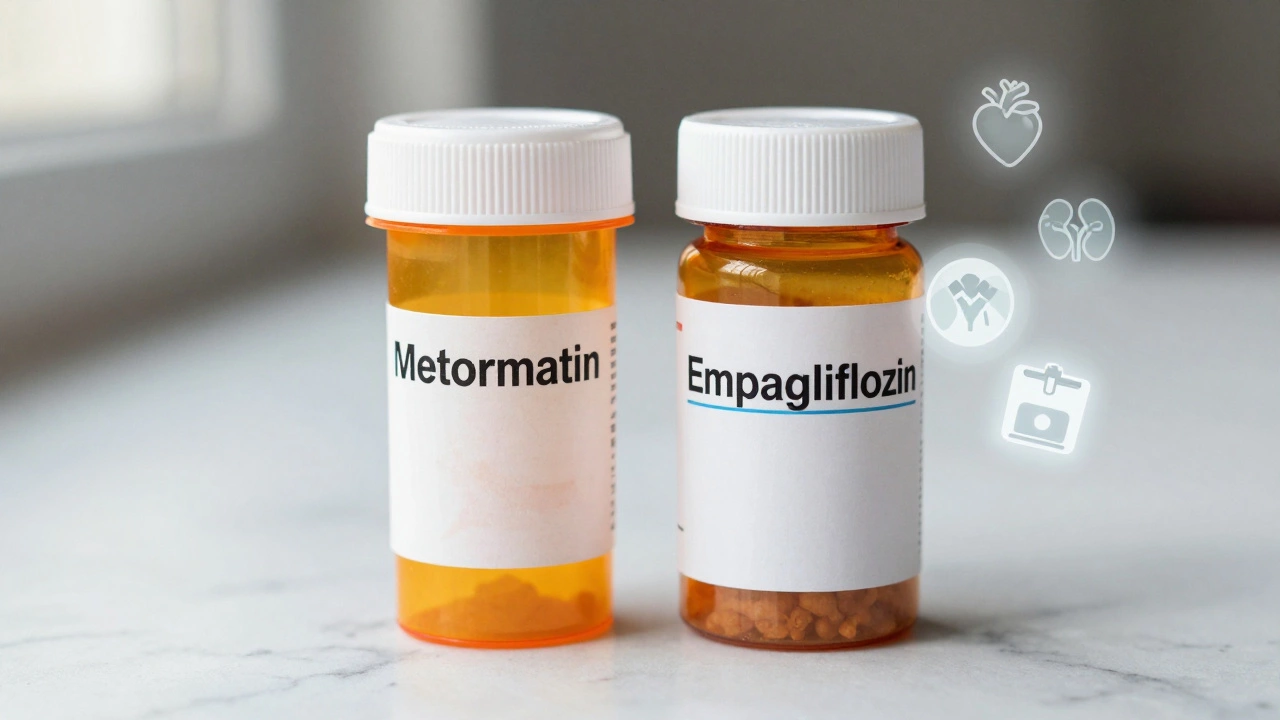 Two prescription bottles side by side: old metformin and modern SGLT2 inhibitor with health icons.