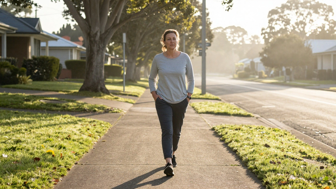 Woman walking calmly at sunrise on a quiet suburban sidewalk.