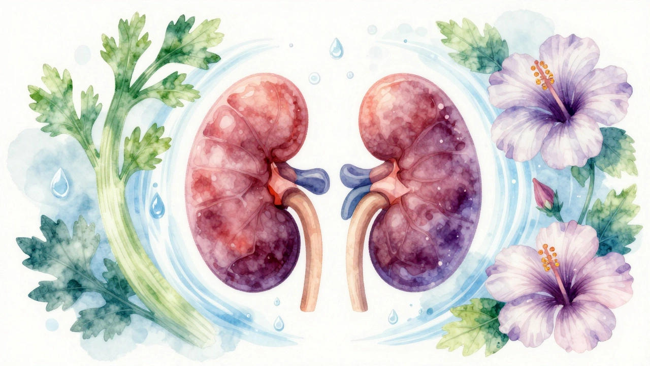 A kidney surrounded by hibiscus flowers, celery leaves, and water droplets in soft watercolor style.