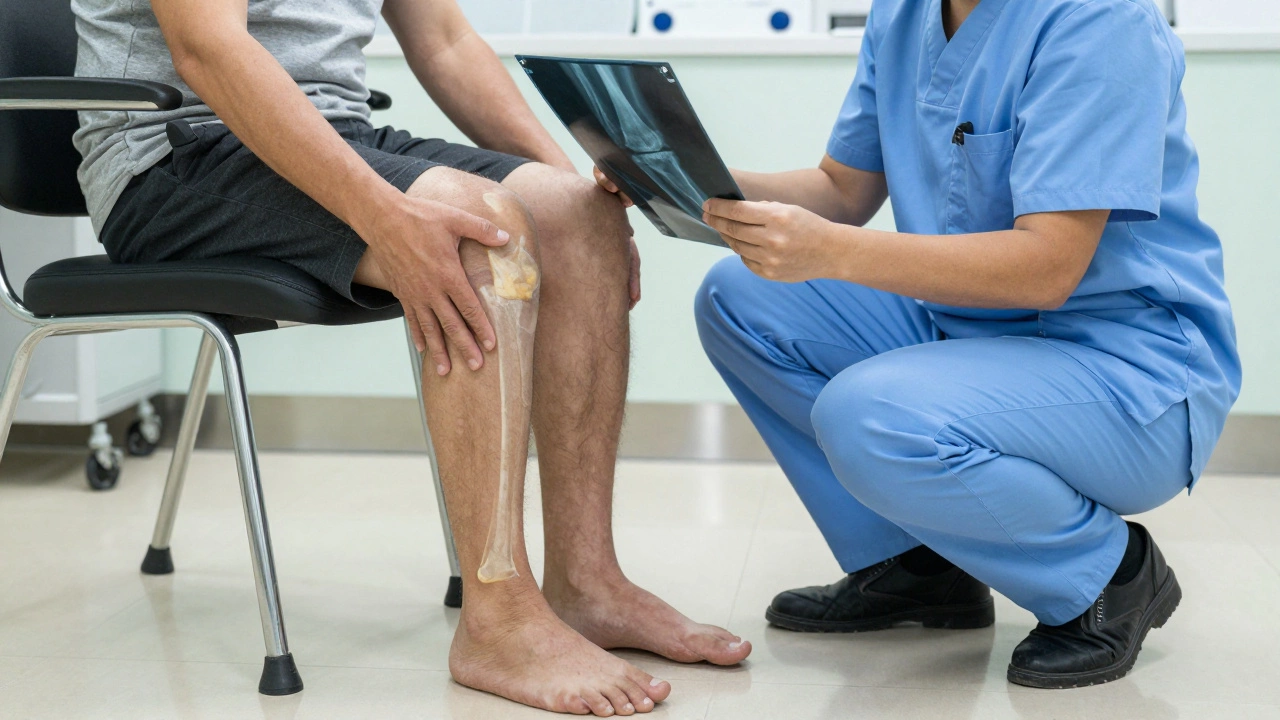 A patient unable to bend their knee in a doctor's office, reviewing X-rays of severe arthritis.