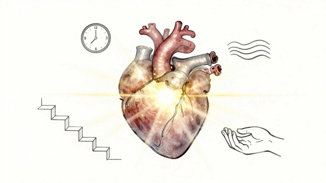 An abstract heart glowing softly with symbols of slow recovery, time, and gentle connection.