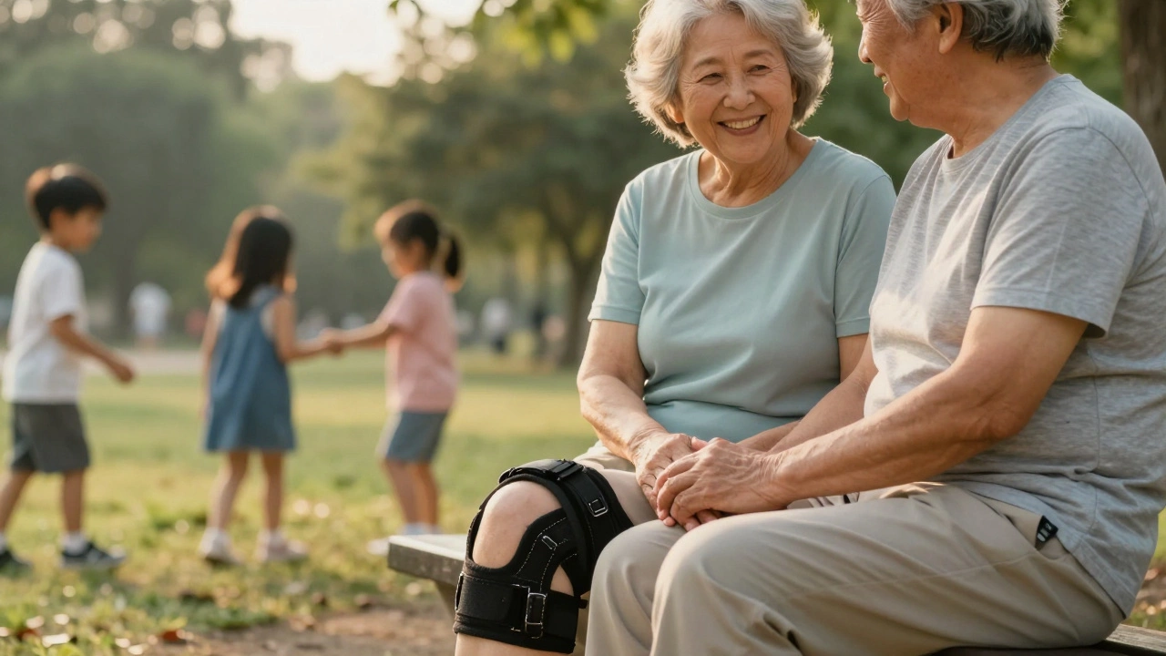 An elderly couple enjoying time with grandchildren in a park after knee replacement.