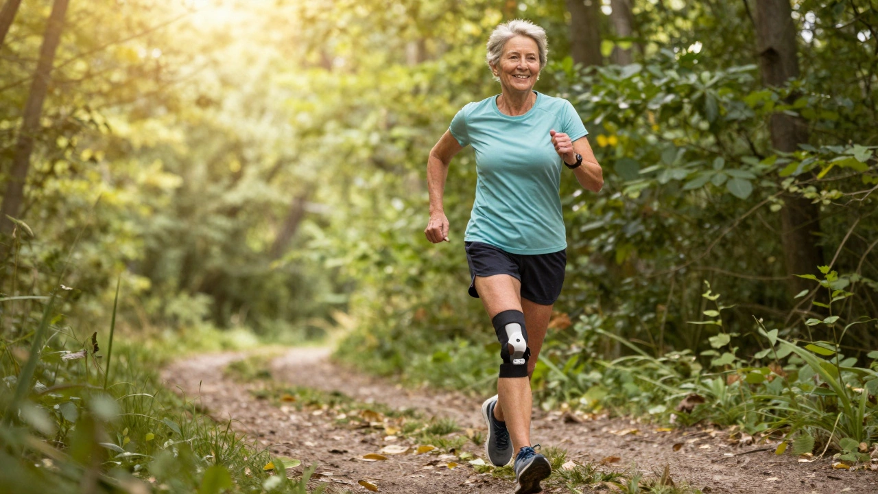 An older woman running on a trail after knee replacement surgery, smiling and moving freely.