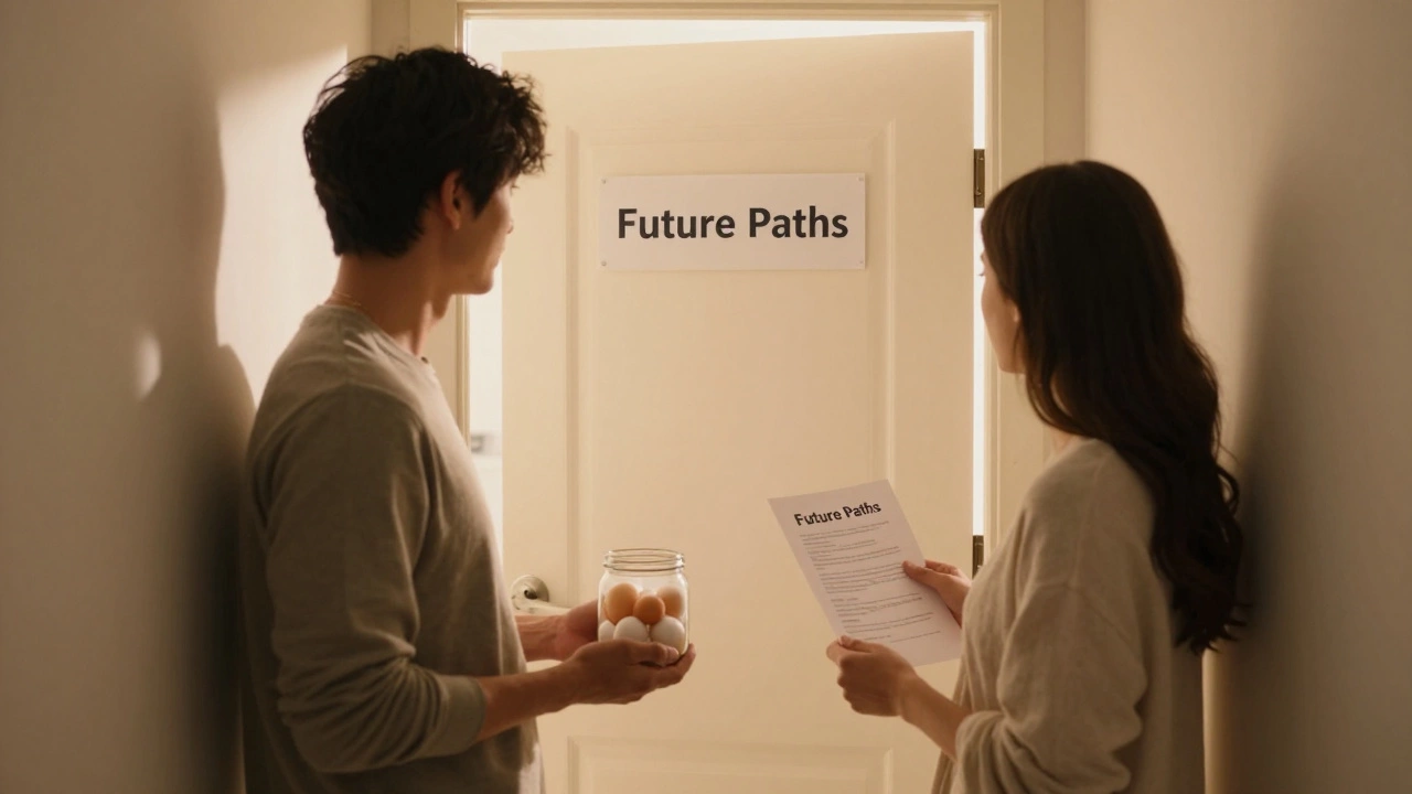 Couple at hallway crossroads, one holding frozen eggs, other holding adoption papers.