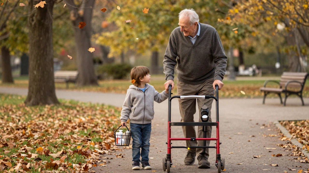 Elderly man using a rollator while walking with his grandchild in a park.