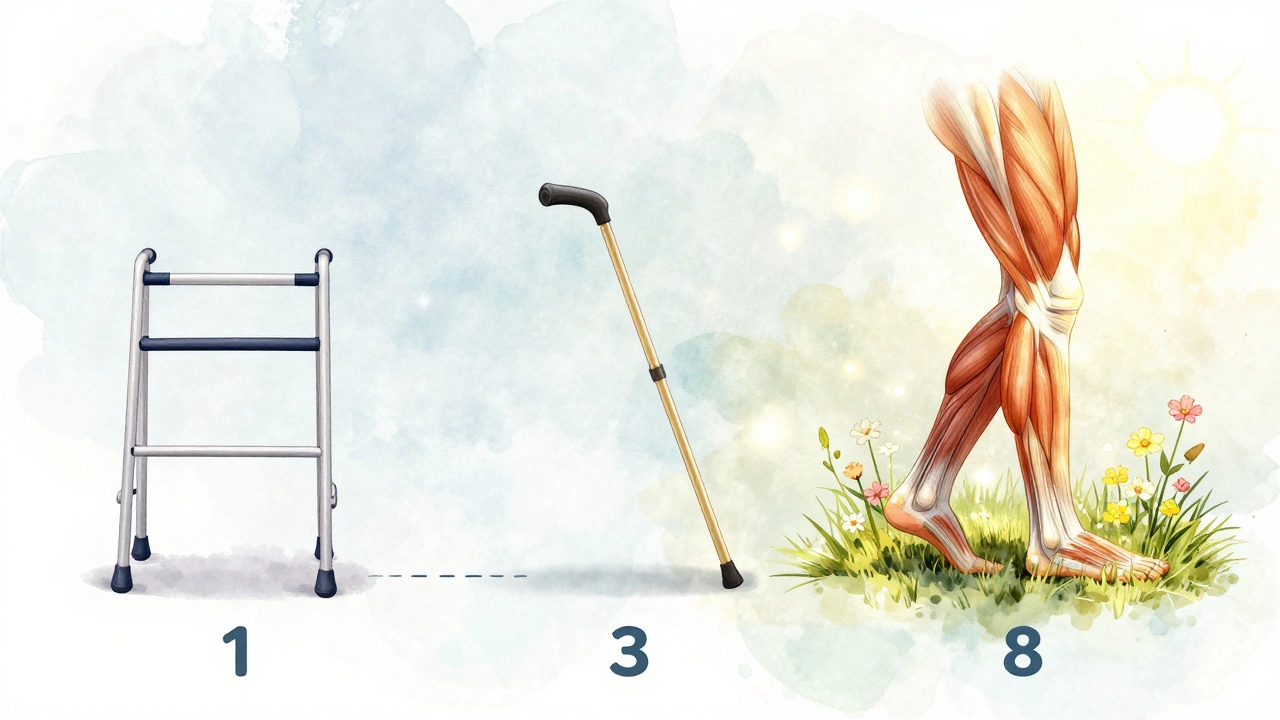 Illustrated path showing recovery progression from walker to cane to walking unaided.