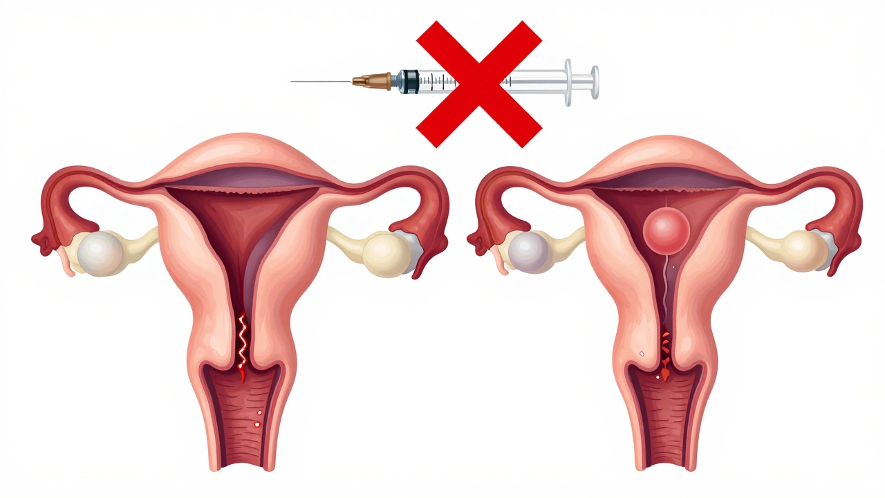 Medical illustration comparing damaged uterus with healthy one, IVF syringe crossed out.