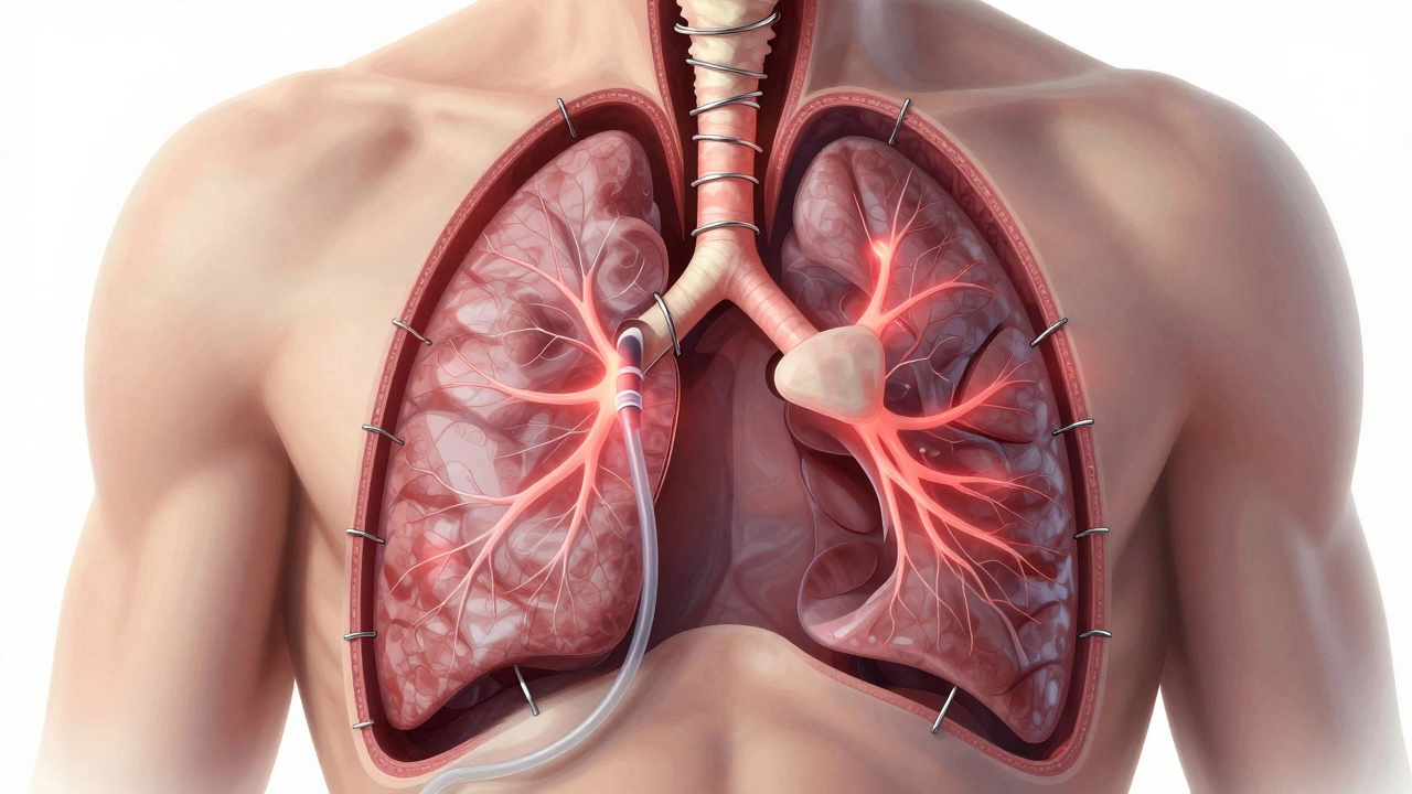 Anatomical cross-section of a human chest showing a separated sternum held by steel wires, with glowing nerves and partially collapsed lungs.