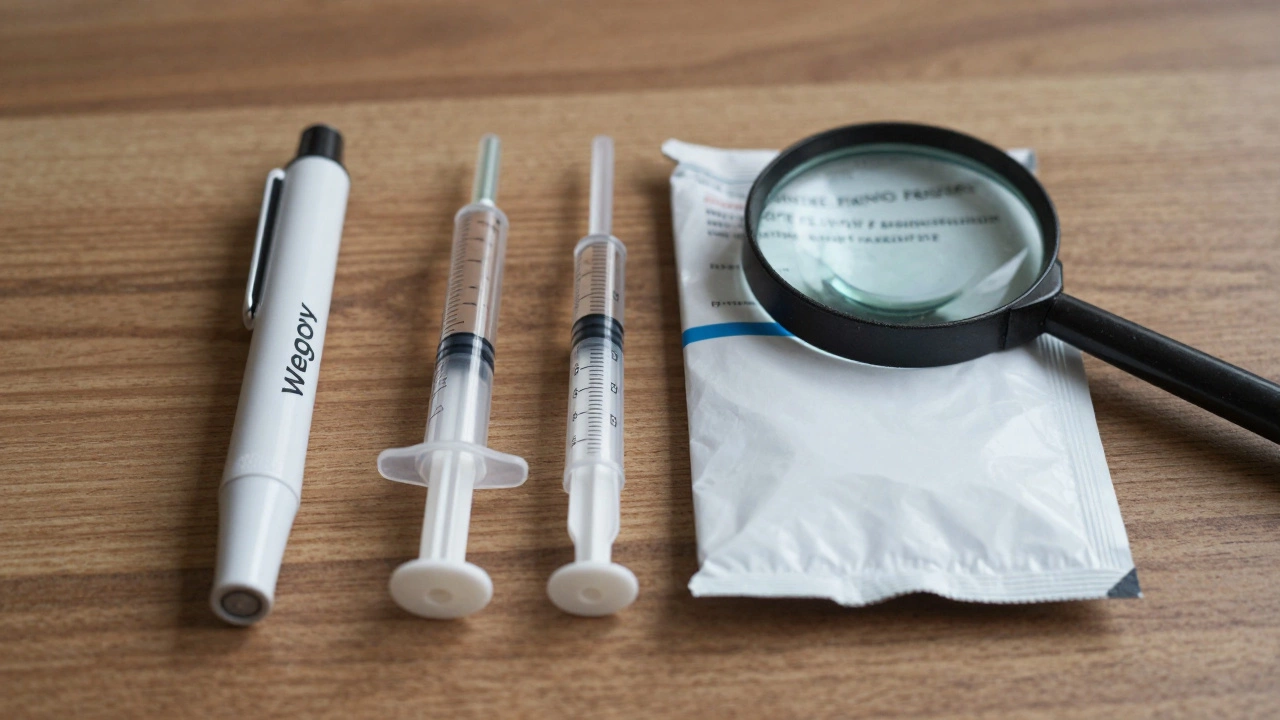 Comparison of branded semaglutide pen, compounded vial, and unmarked overseas package with magnifying glass over counterfeit item