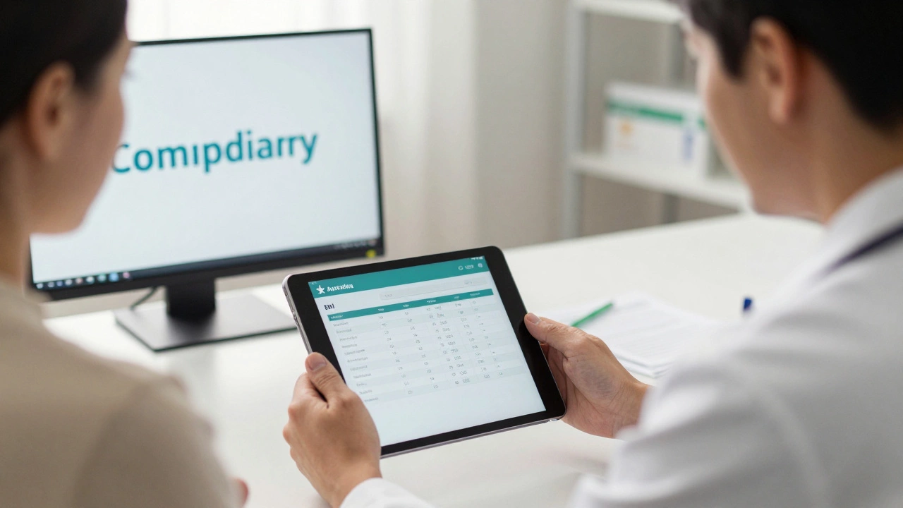 Doctor reviewing patient's health data on tablet during telehealth consultation with compounding pharmacy logo visible