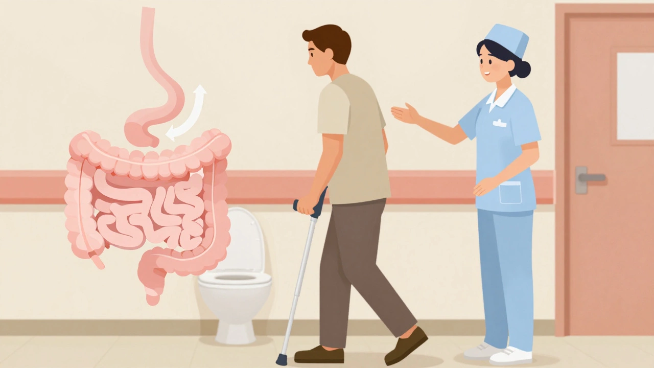 Patient walking with crutches toward the bathroom while nurse provides support during recovery.