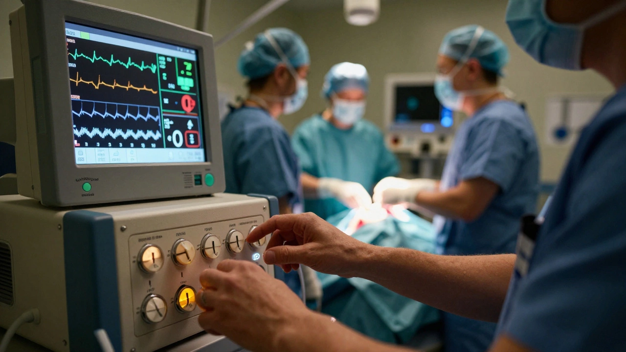 Perfusionist adjusting heart-lung machine controls while surgical team responds to cardiac arrest in operating room.