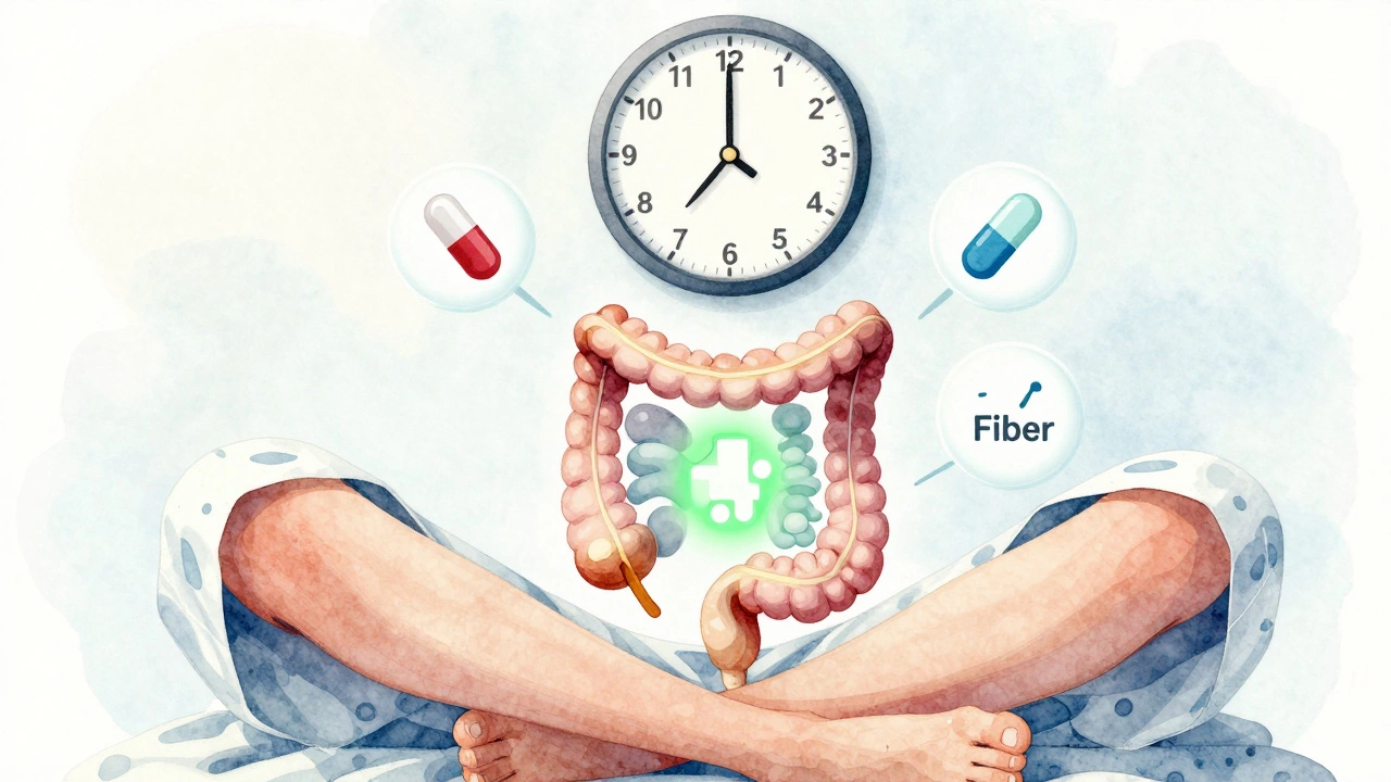 Symbolic image showing recovery of digestive function after surgery with health-focused icons.