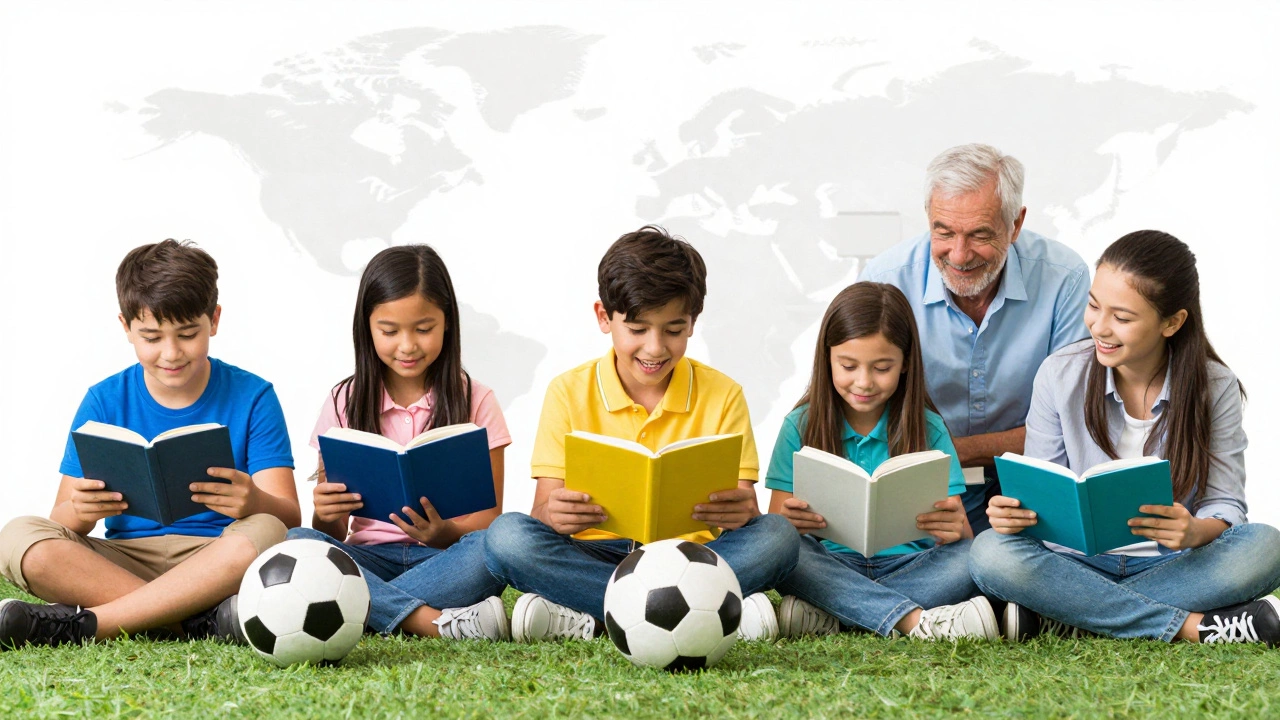 Teenagers play and learn happily with parents, faint IVF lab equipment visible in the background.