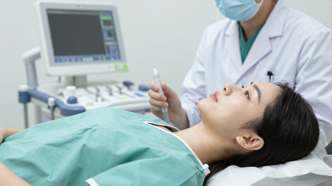 Woman undergoing colonoscopy procedure with medical staff