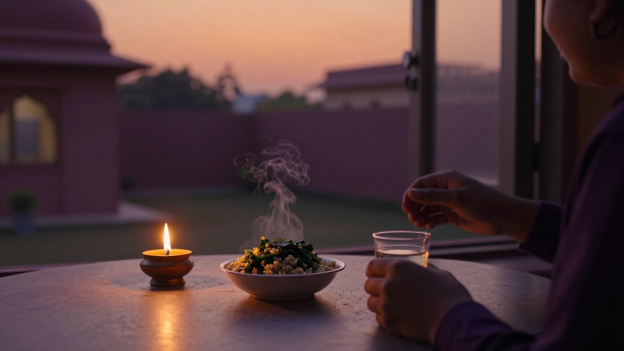 A light evening meal of steamed greens at twilight, with a cup of herbal tea, as the day winds down in a calm courtyard.