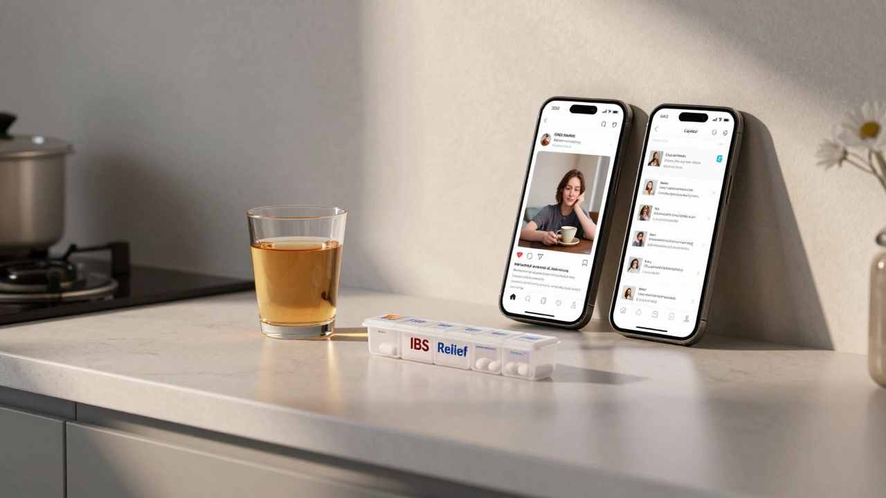 A modern kitchen with peppermint tea and a supplement organizer, glowing phone showing a wellness post.