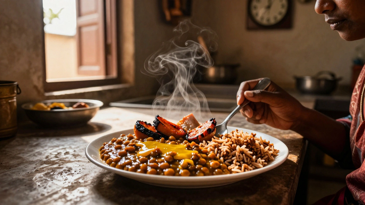 A nourishing lunch of lentils and vegetables with ghee, eaten peacefully at midday in a sunlit Indian kitchen.