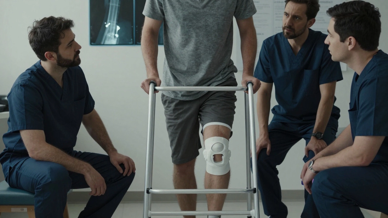 A patient struggles to lift their leg after knee surgery, with a loose implant visible in the background.
