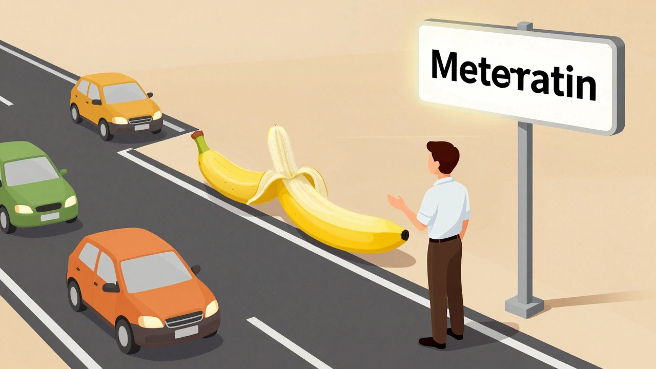 A traffic controller regulating banana-shaped cars to represent blood sugar management.