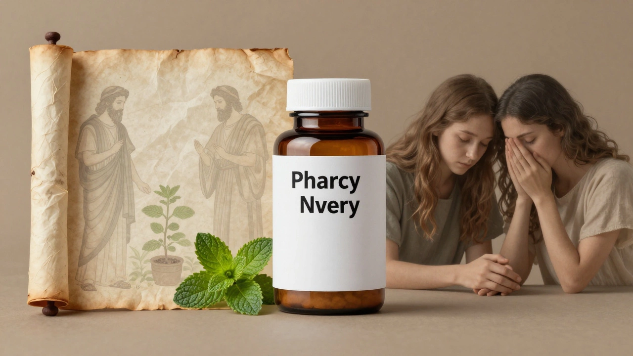 An ancient scroll next to a modern herb bottle, with figures representing ritual and compassion in soft contrast.