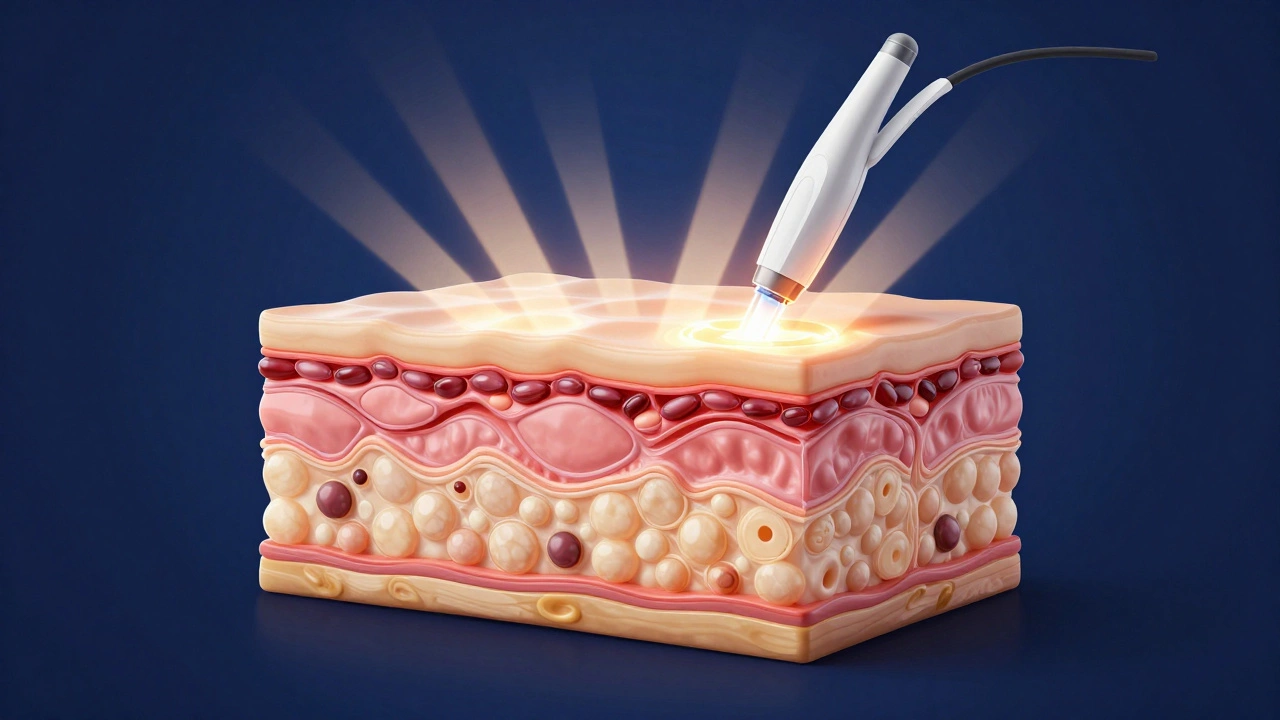 Conceptual 3D render of skin layers glowing with energy.