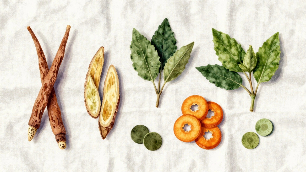 Flat lay of various Ayurvedic herbs arranged on a linen cloth.