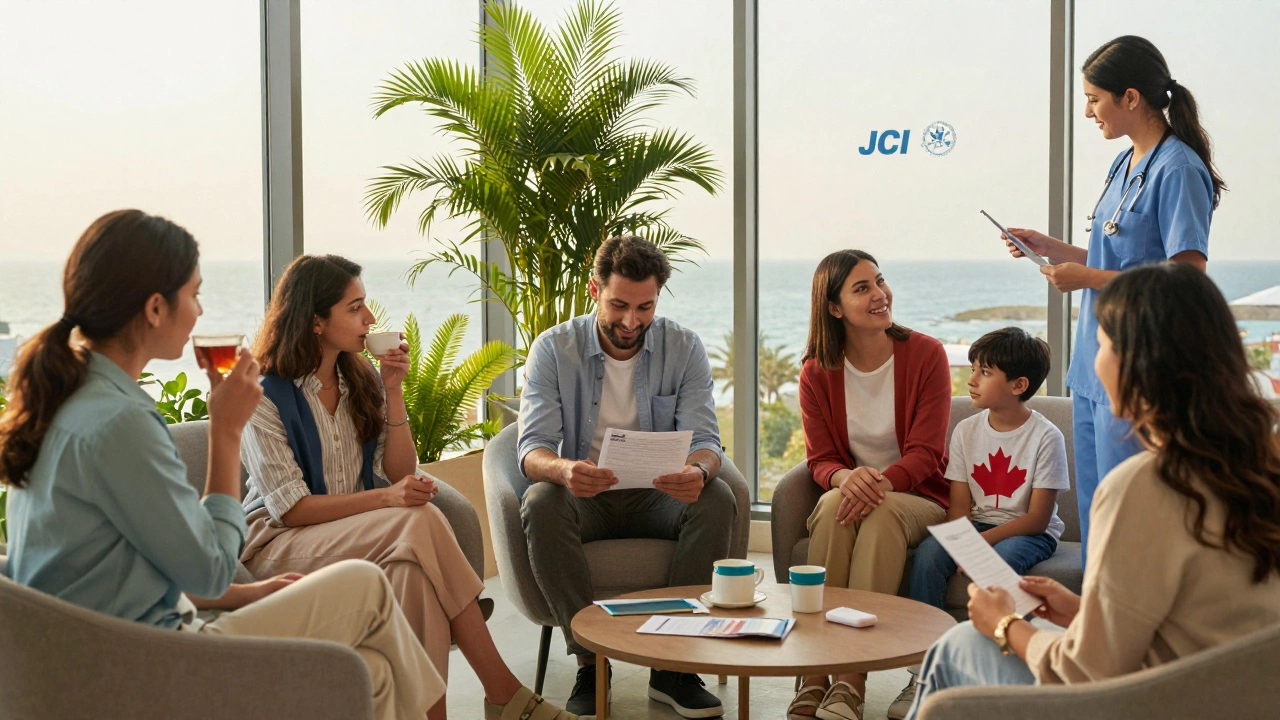 International patients recovering peacefully in a hospital lounge with natural light and tropical views.
